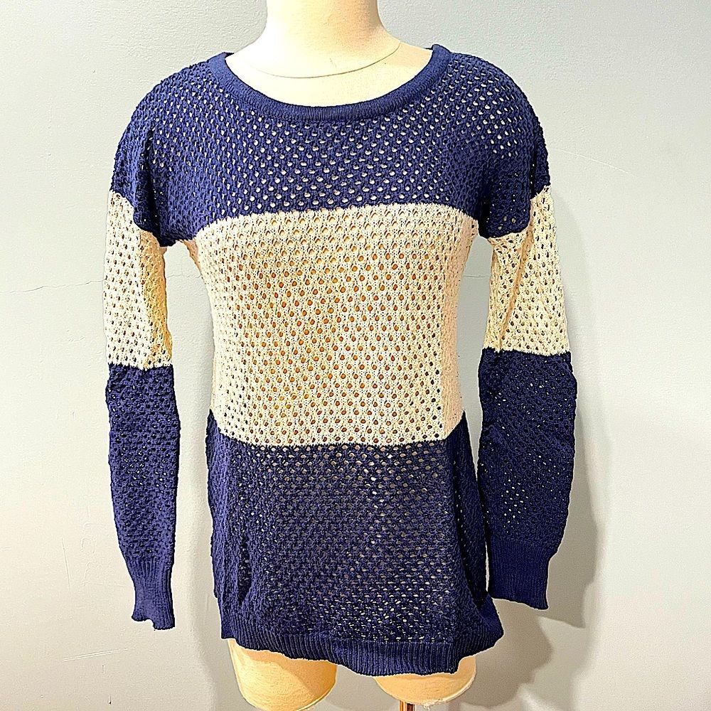Project. Navy & Cream Colorblock Striped Open Mesh Knit Long Sleeve Pullover